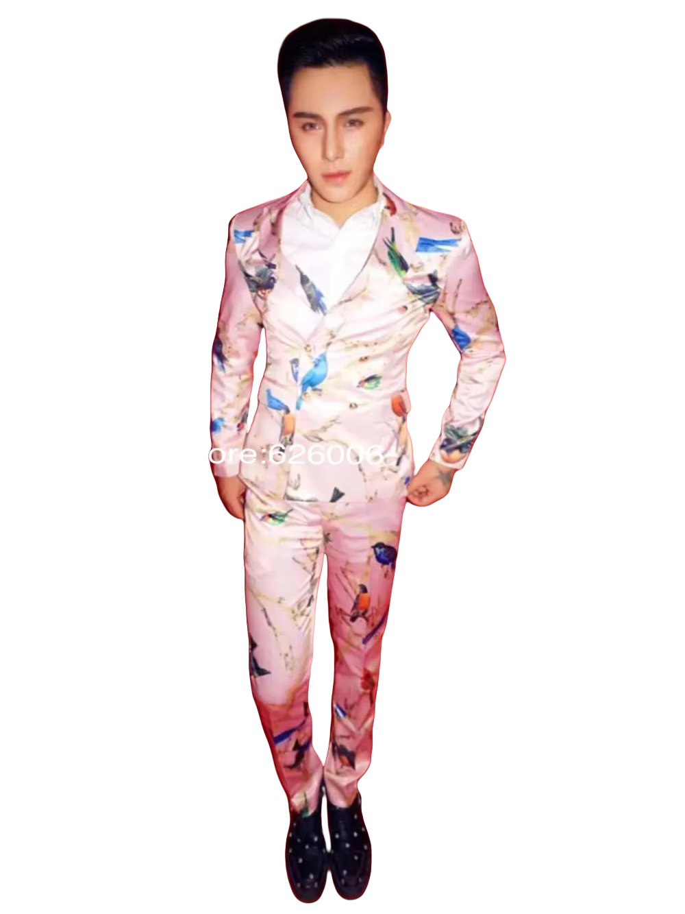 Men Formal Party Wear Dress - Trajes con estampado de pájaros rosas